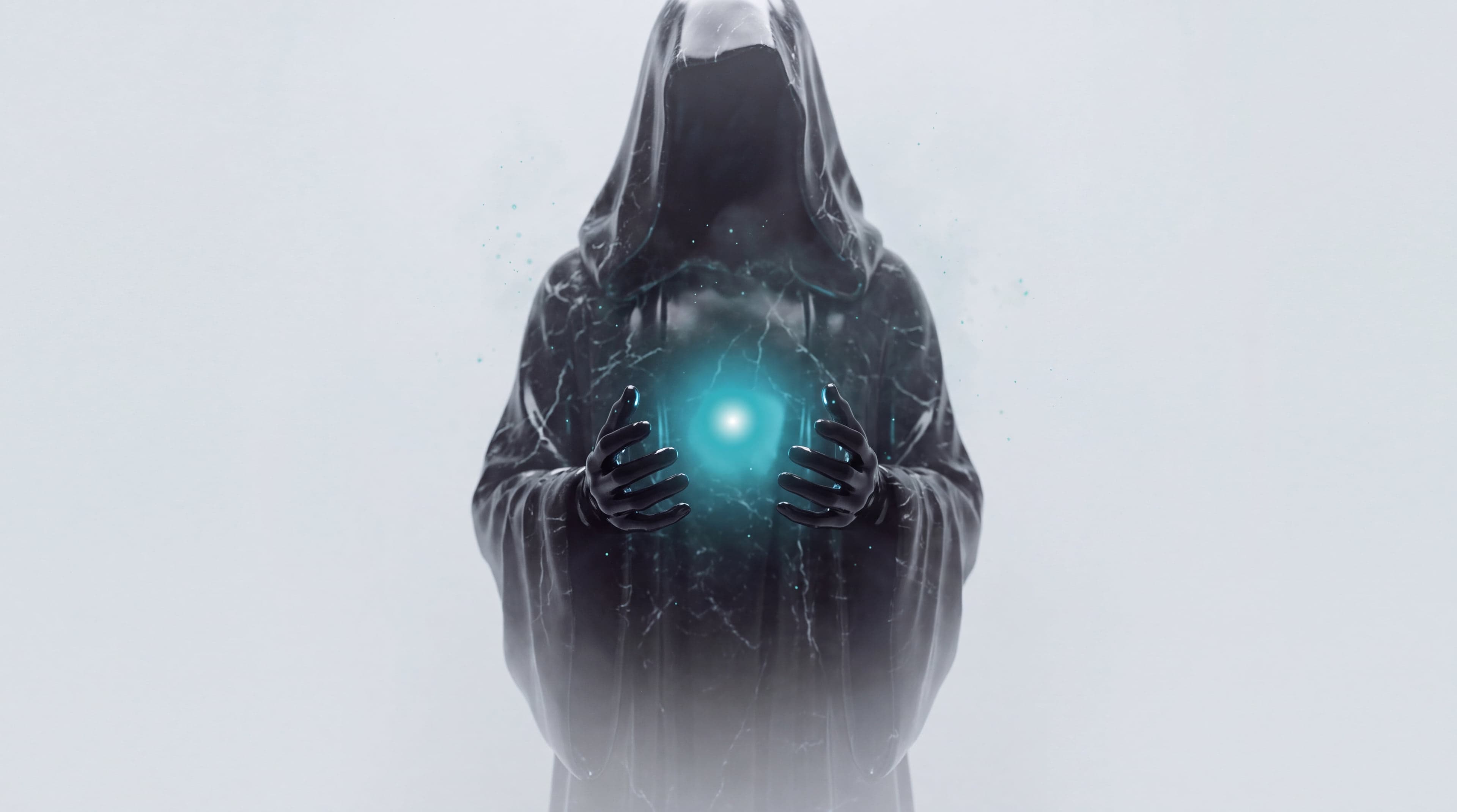A hooded marble figure holding a sphere of teal light between two obsidian hands