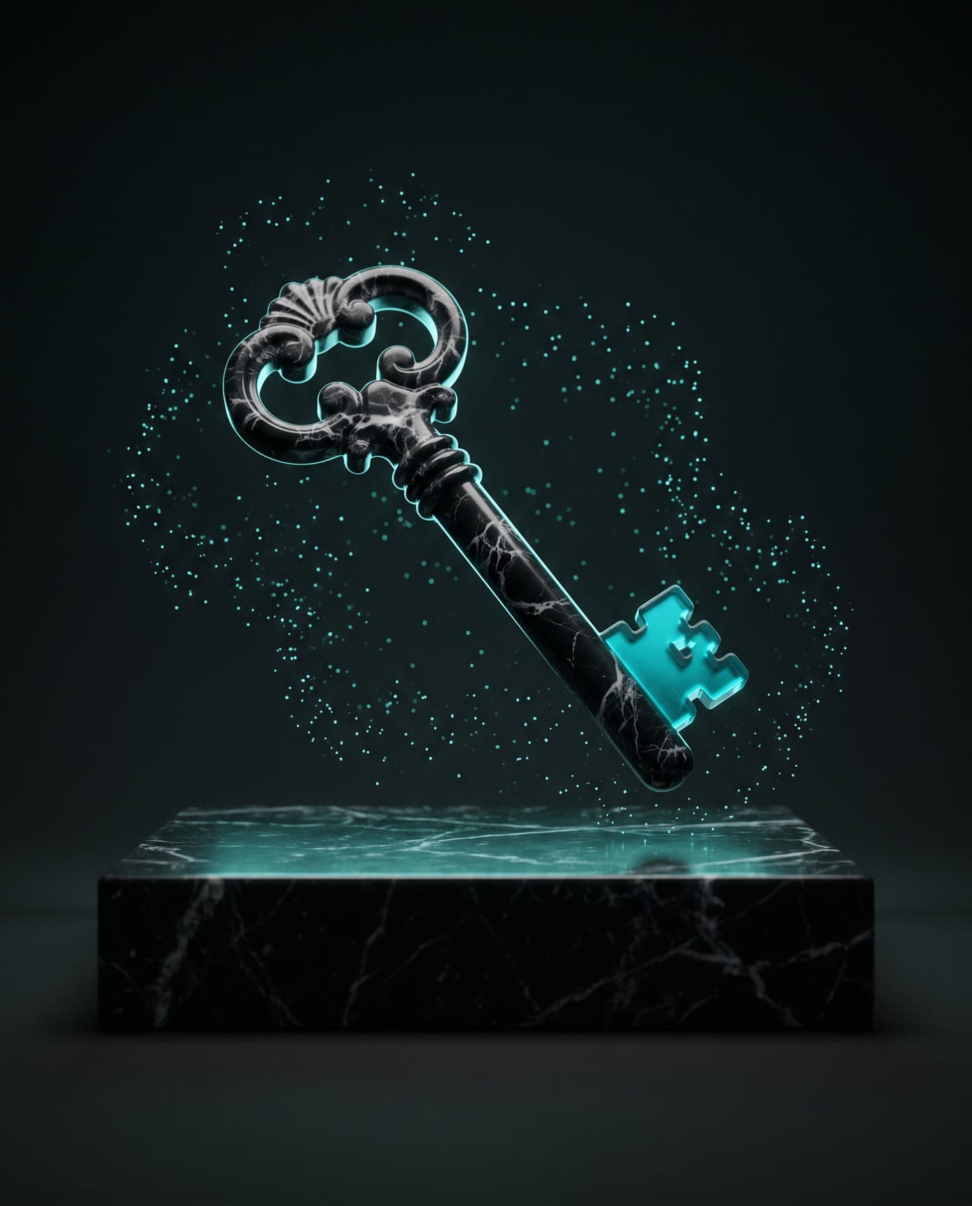 A marble key with teal glass teeth above a plinth