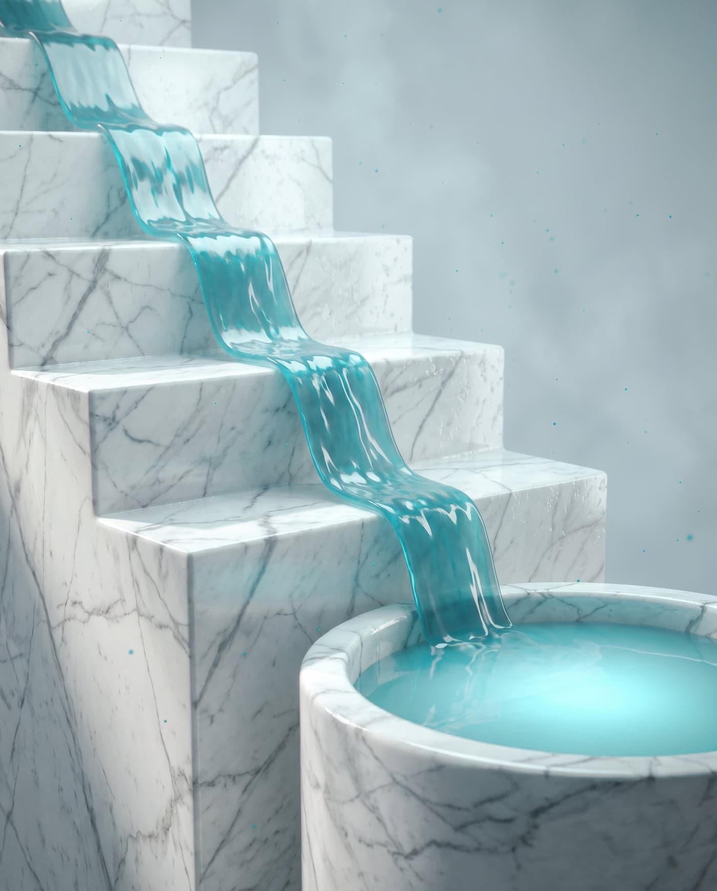 Teal light pouring down marble steps into a basin