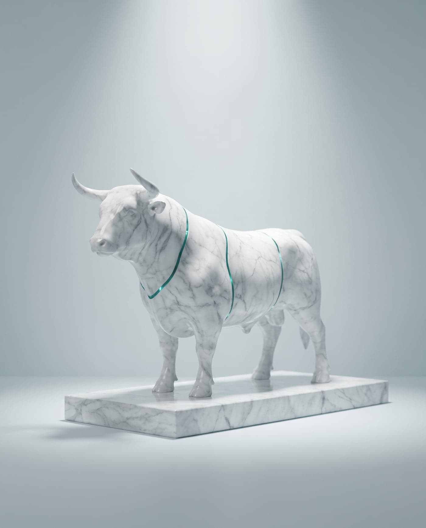 A marble bull on a plinth with seams of teal glass