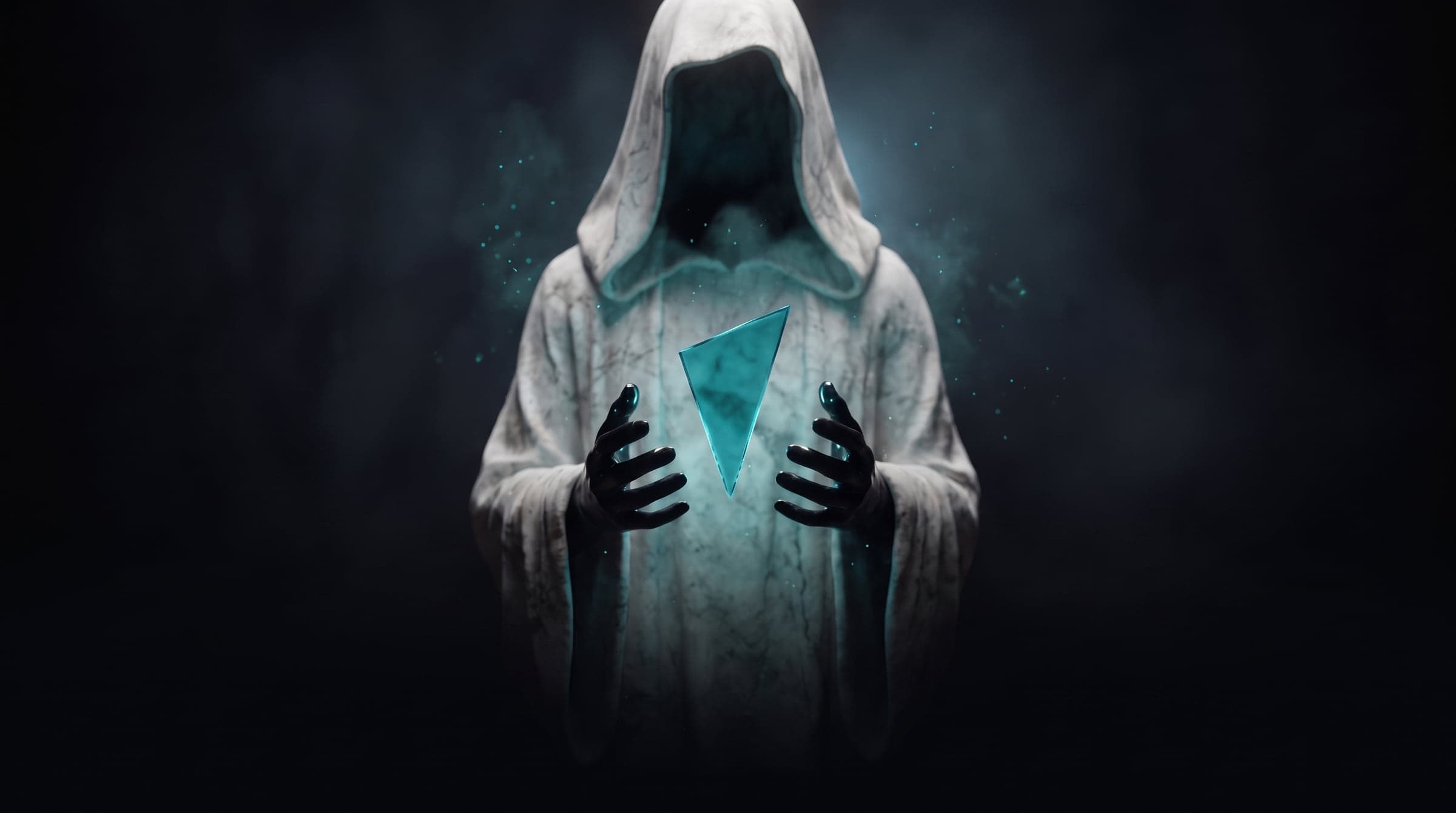 A hooded marble figure holding a glowing teal crystal