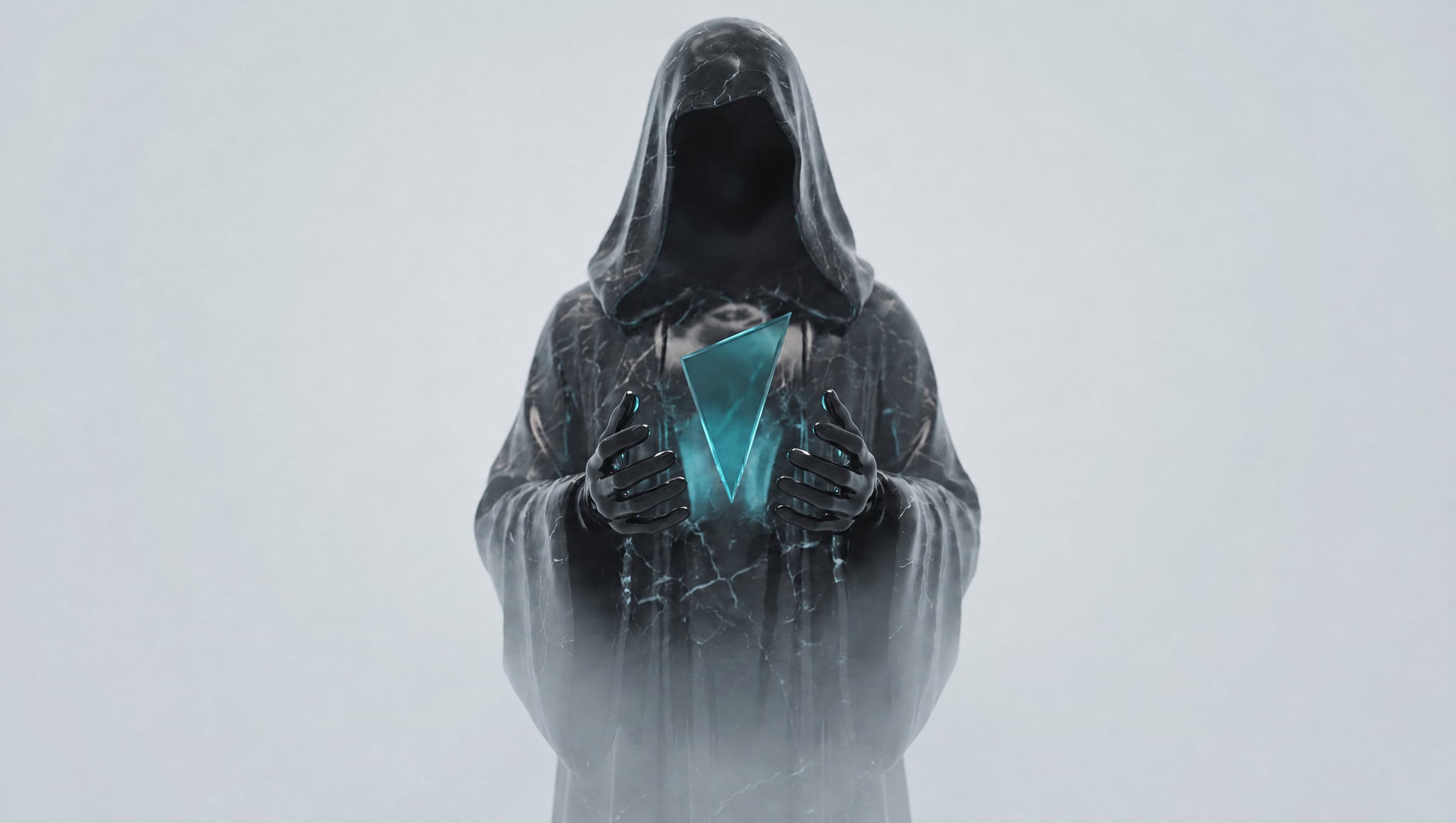 A hooded marble figure holding a glowing teal crystal